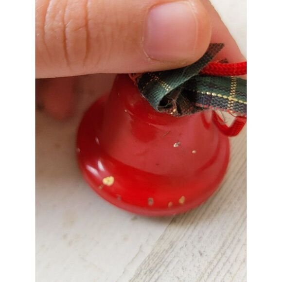 Plaid red bell Midwest ornament Xmas decor tin - Picture 4 of 6